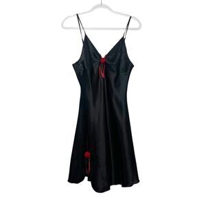 MIA-MIA Slip Dress Lingerie Nightdress Rosette Bow Satin Black Red Womens Size M